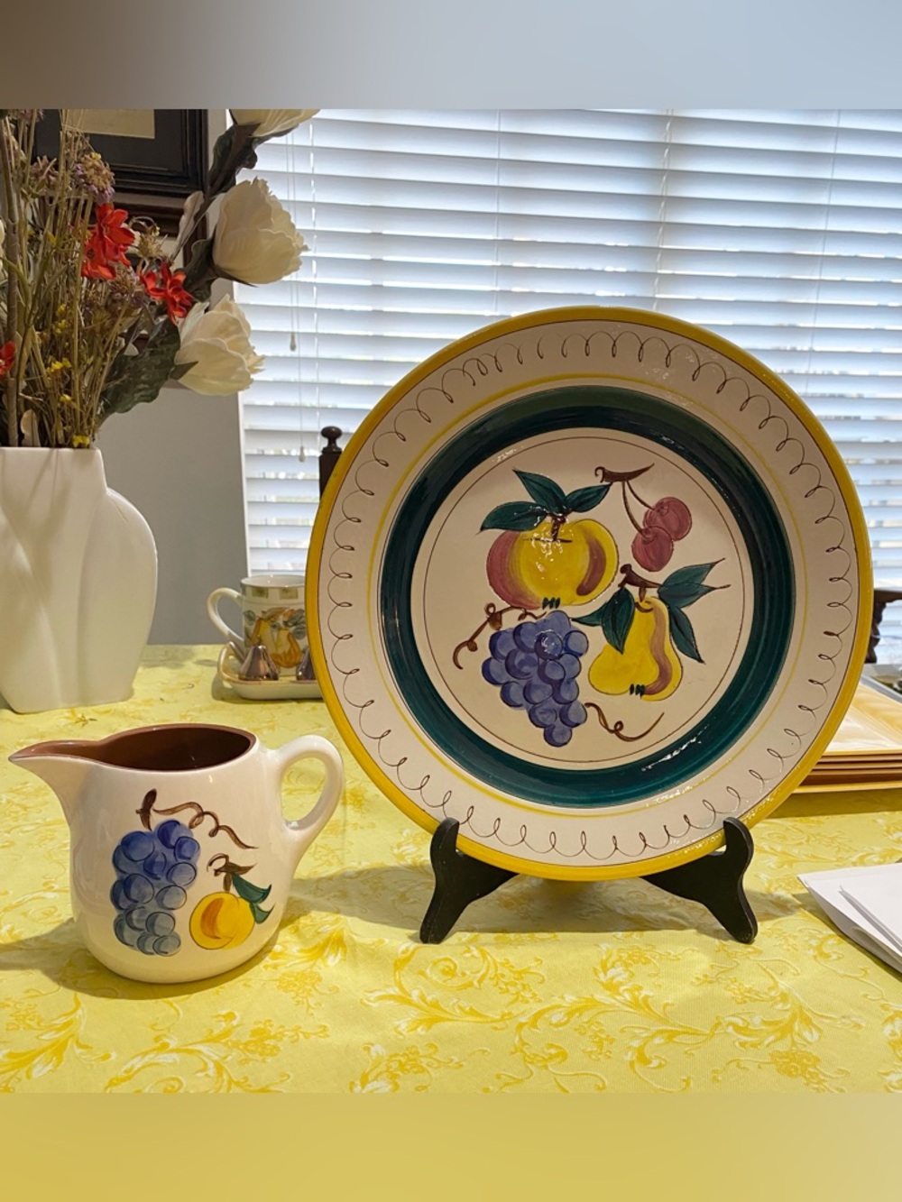 2 Handpainted Stangl Ceramics from 1940s. Cream Pitcher & 12.5 in Chop Plate. EC